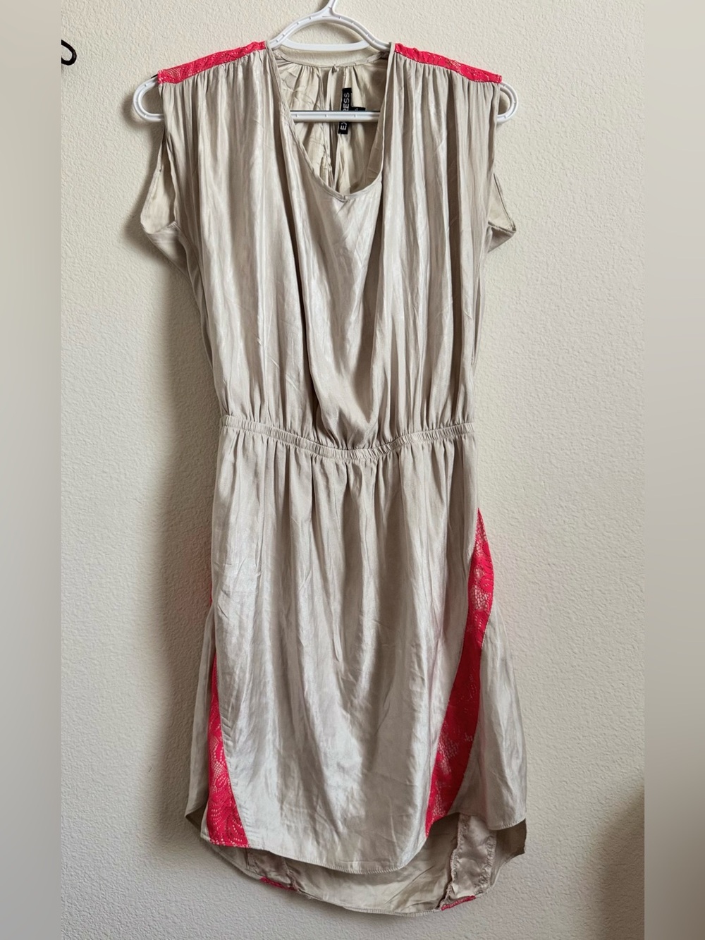 Express Satin Dress M ✨ Champagne + Coral Lace Trim, Cinched Waist